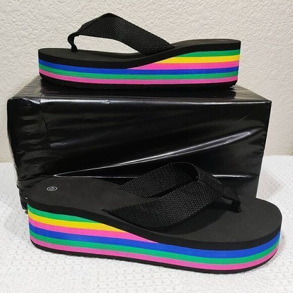 Women's Rainbow Wedge Platform Thong Sandals -M - Picture 2 of 4